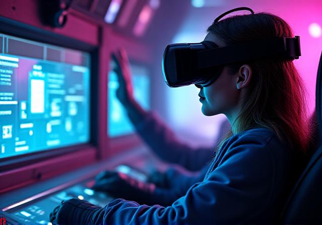 Trainee using a VR headset in a spacecraft simulator